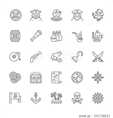 Set of Pirates Line Icons. Sailor, Boatswain, Captain, Parrot, Ship and more. 50178825