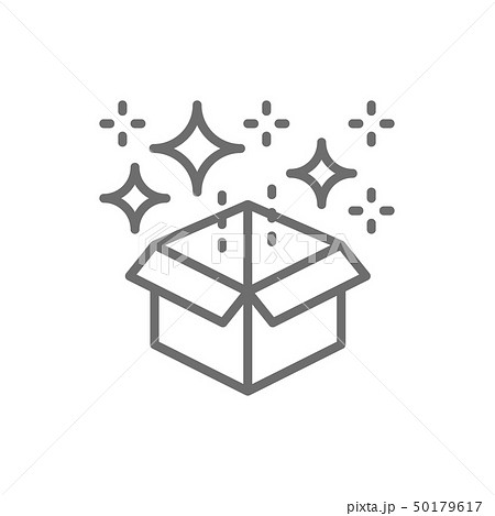 Magic box with confetti, gift line icon. 50179617