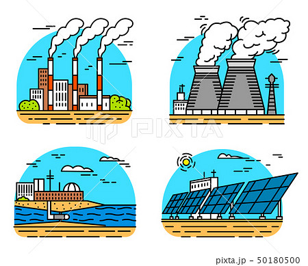 Power plants icons. Industrial buildings. Nuclear Factories, Chemical Geothermal, Solar Wind Tidal 50180500