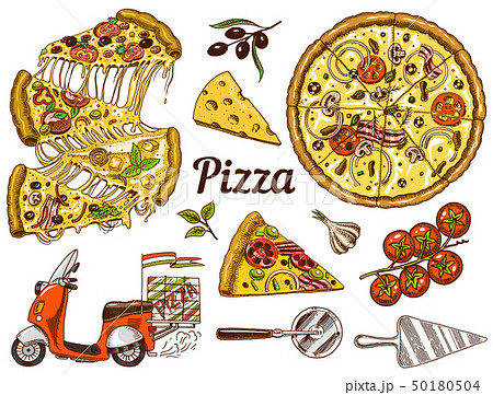 Set of pizza with cheese. Yummy italian vegetarian food with tomatoes, Seafood and olives 50180504