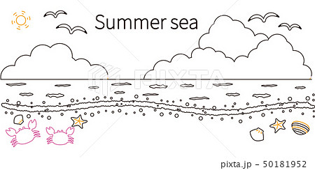 3色の線画の夏の海 黒基調のイラスト素材