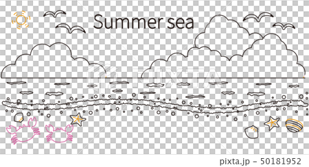 3色の線画の夏の海 黒基調のイラスト素材