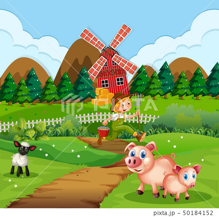 Farm scene with man and animals Farm scene with man and animals 50184152