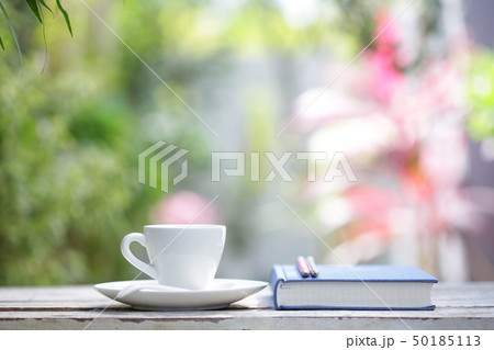 White coffee cup with plant and notebooks White coffee cup with plant and notebooks 50185113