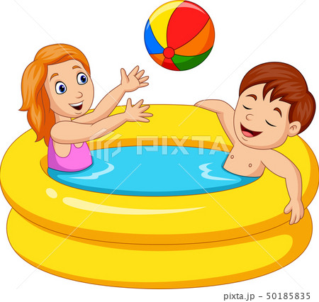 Little girl and boy playing in an inflatable pool 50185835