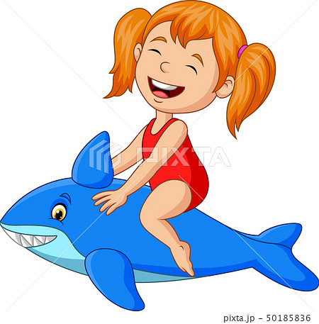 Cartoon little girl riding inflatable shark 50185836