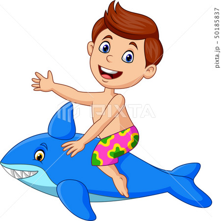 Cartoon little boy riding a inflatable shark 50185837