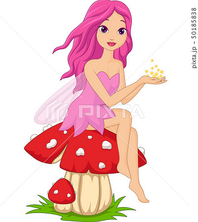 Cute pink fairy cartoon sitting on a mushroom 50185838