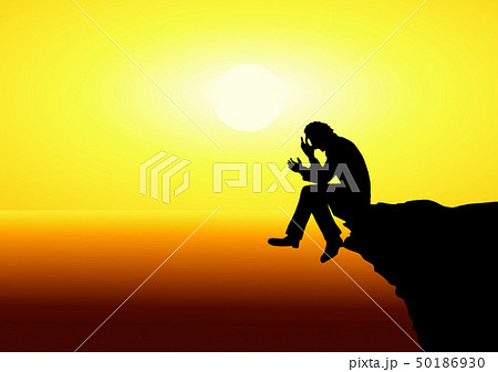 崖の上で落ち込んでいる男性のシルエットのイラスト素材