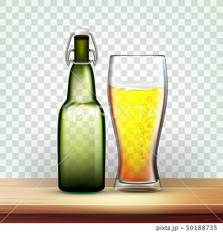 Realistic Bottle And Glass With Frothy Beer Vector 50188735