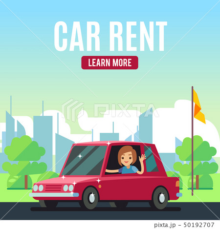 Car rental poster concept. Cartoon-style vector girl on red car 50192707