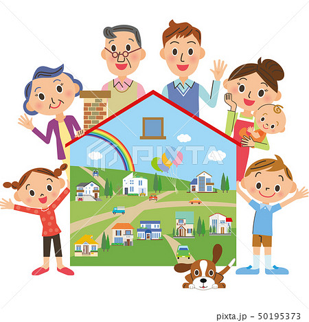 家と三世代家族と街並み 50195373