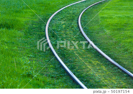 Tram rails covered with green grass 50197154