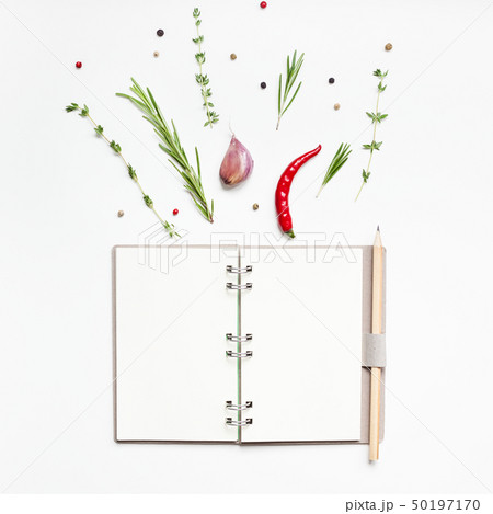 Blank notepad pages with greens herbs and spices Blank notepad pages with greens herbs and spices 50197170