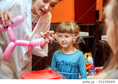 Chemical show for kids. Professor carried out chemical experiments with liquid nitrogen on Birthday 50199660