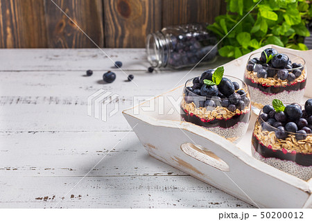 Light dessert of chia pudding with blueberry, oats Light dessert of chia pudding with blueberry, oats 50200012