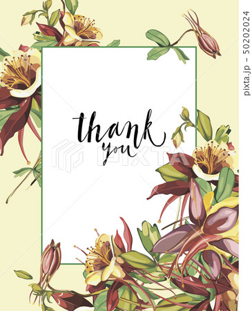Floral frame with red flowers on light background. Greeting card design. Lettering - Thank you. Floral frame with red flowers on light background. Greeting card design. Lettering - Thank you. 50202024