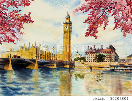 Watercolor painting Big Ben Clock Tower and thames Watercolor painting Big Ben Clock Tower and thames 50202301