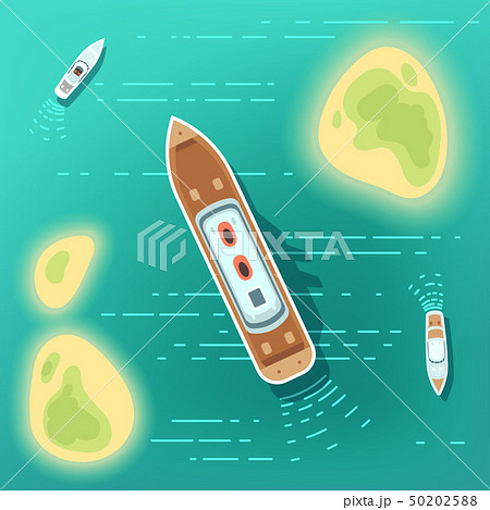 Aerial eye view sea boats and ship. Part of ocean with tropocal islands and cruise ships Aerial eye view sea boats and ship. Part of ocean with tropocal islands and cruise ships 50202588