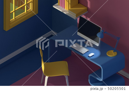 3D render. Isometric view of interior in minimalistic modern cartoon style.Room in evening sunlight 3D render. Isometric view of interior in minimalistic modern cartoon style.Room in evening sunlight 50205501