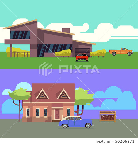 Vector set with residential houses with cars. Flat vector illustration Vector set with residential houses with cars. Flat vector illustration 50206871