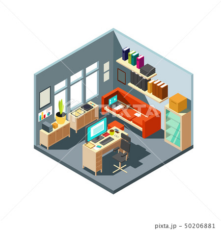 Isometric home office interior. 3d workspace with computer and furniture Isometric home office interior. 3d workspace with computer and furniture 50206881