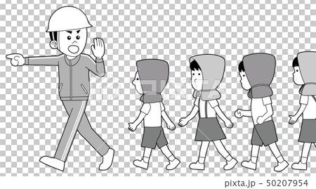避難時に生徒を誘導する教師のイラスト素材