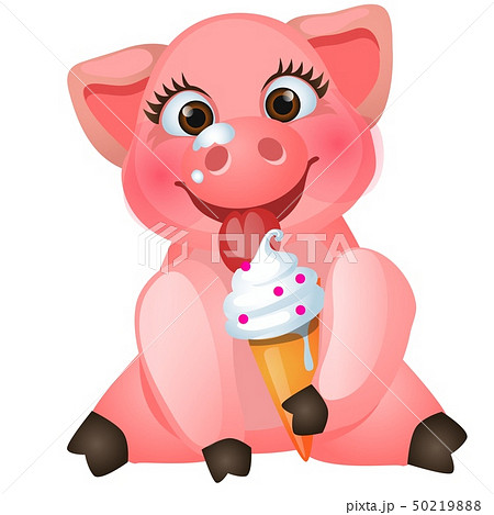 Cute animated pig eating sweet ice cream... - Stock Illustration [50219888]  - PIXTA