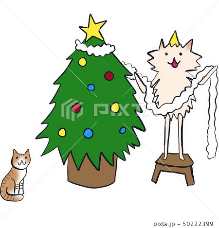 イヌさんとネコさんのクリスマスツリーの飾り付け 50222399