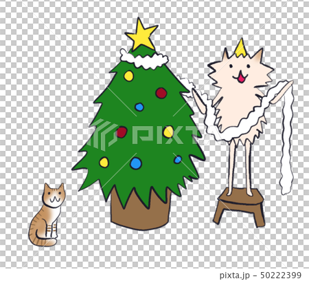 イヌさんとネコさんのクリスマスツリーの飾り付け 50222399