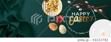 Happy Easter realistic horizontal banner flat lay Happy Easter realistic horizontal banner flat lay 50222782