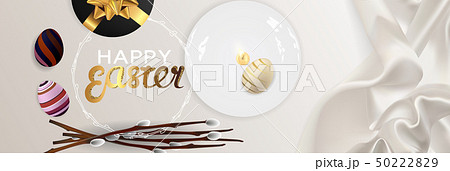 Happy Easter realistic horizontal banner flat lay 50222829