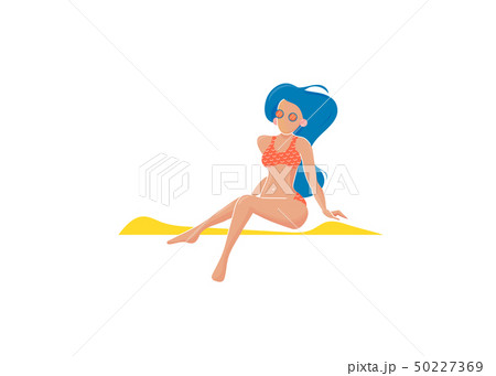 Summer beach sunbath vector retro illustration. Sexy pretty girl sitting on a beach with bikini Summer beach sunbath vector retro illustration. Sexy pretty girl sitting on a beach with bikini 50227369