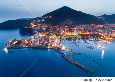 aerial view of the Old Town Budva at night aerial view of the Old Town Budva at night 50227502