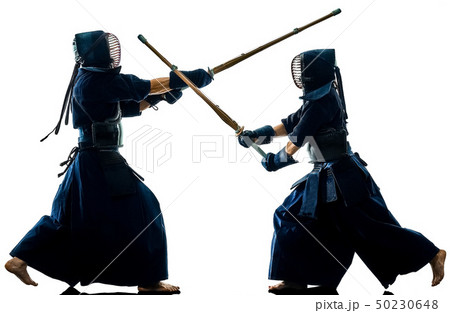 Kendo martial arts fighters silhouette isolated white bacground  50230648
