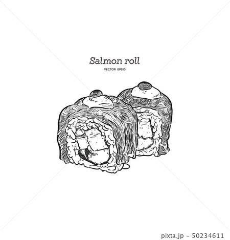 salmon sushi roll, hand draw sketch vector. salmon sushi roll, hand draw sketch vector. 50234611