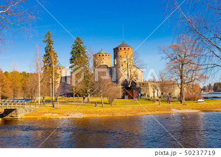 Beautiful view of Olavinlinna, Olofsborg ancient fortress, the 15th-century medieval three - tower 50237719