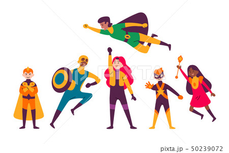 Multiracial kids wearing costumes of different superheroes. 50239072