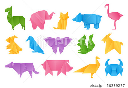 Origami animals. Paper toys, dragon ship elephant crane butterfly shape set, vector colored folding 50239277