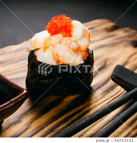 Sushi gunkan with prawn and caviar, delicacy food Sushi gunkan with prawn and caviar, delicacy food 50243531