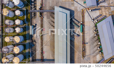 Aerial view storage tank and tanker truck in 50244656