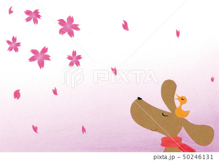 犬と鳥 桜吹雪のイラスト素材