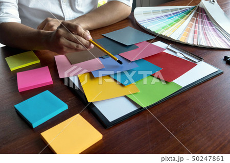 Graphic designer choose color bands samples. 50247861