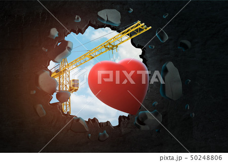 3d rendering of hoisting crane carrying cute red heart and breaking black wall leaving hole in it 3d rendering of hoisting crane carrying cute red heart and breaking black wall leaving hole in it 50248806