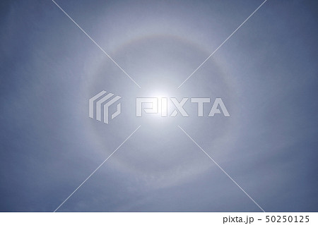 日本の雲風景  太陽の周りに現れた虹色の光の輪「ハロ」＝2019年4月28日、横浜市内 50250125