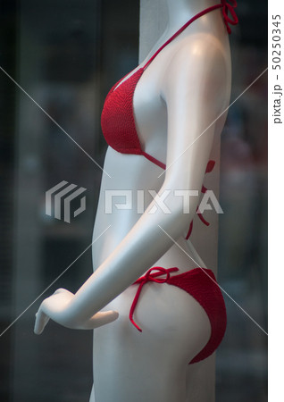 closeup of red bikini on mannequin closeup of red bikini on mannequin 50250345