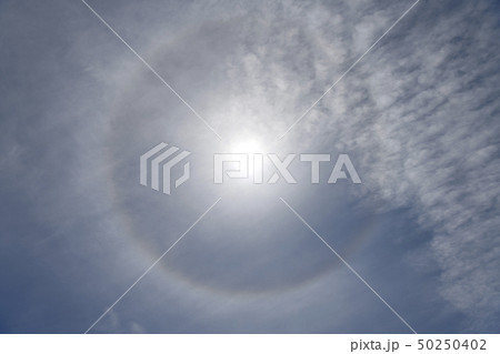 日本の雲風景 太陽の周りに現れた虹色の光の輪 かさ 19年4月28日 横浜市内の写真素材