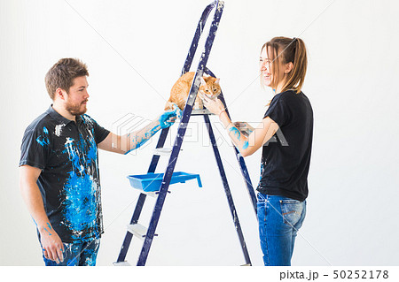 People, pet, renovation and repair concept - Portrait of lovely couple with cat doing redecoration 50252178