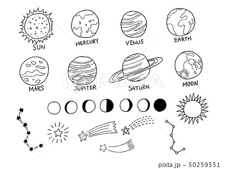 太陽系や星などの手描きイラスト素材セットのイラスト素材