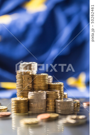 Towers with euro coins and flag of European Union Towers with euro coins and flag of European Union 50262461